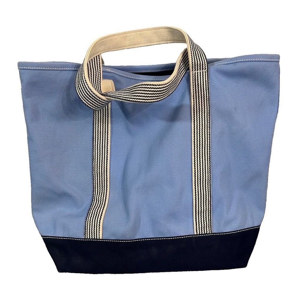 Lands' End Cotton Canvas Medium Tote Bag 5 Pockets Zip Closure Light Blue/Navy - Picture 2 of 12